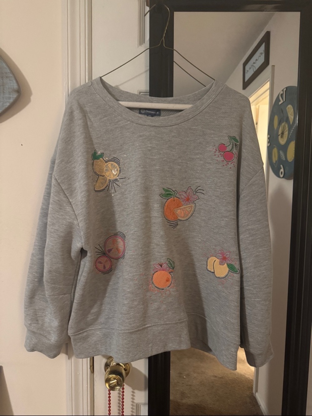 Democracy Embroidered and sequined Fruit Motif grey sweatshirt